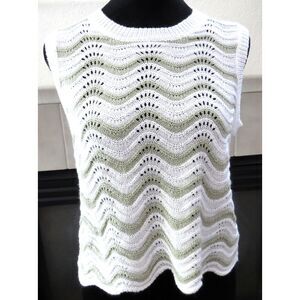 Riella Women's Sweater Vest Scallop Wave Design Green/White  M EUC